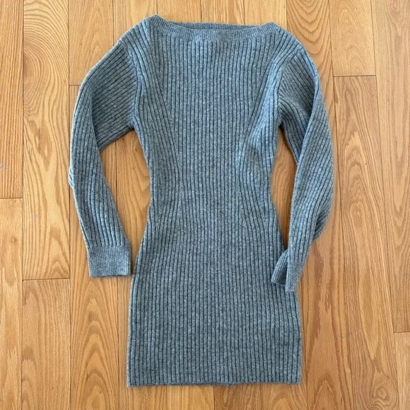Gray Ribbed Knit mini Sweater Dress - Picture 1 of 3